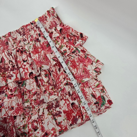 Anthropologie Tiered Ruffle Mini Skirt Large Red Floral Smocked Boho Cottagecore - Picture 6 of 6